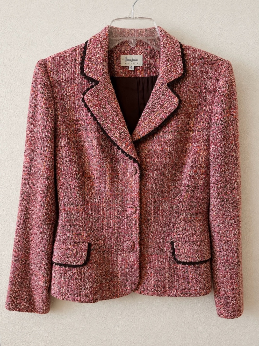 Neiman Marcus Pink Tweed Blazer With Chocolate Brown Trim